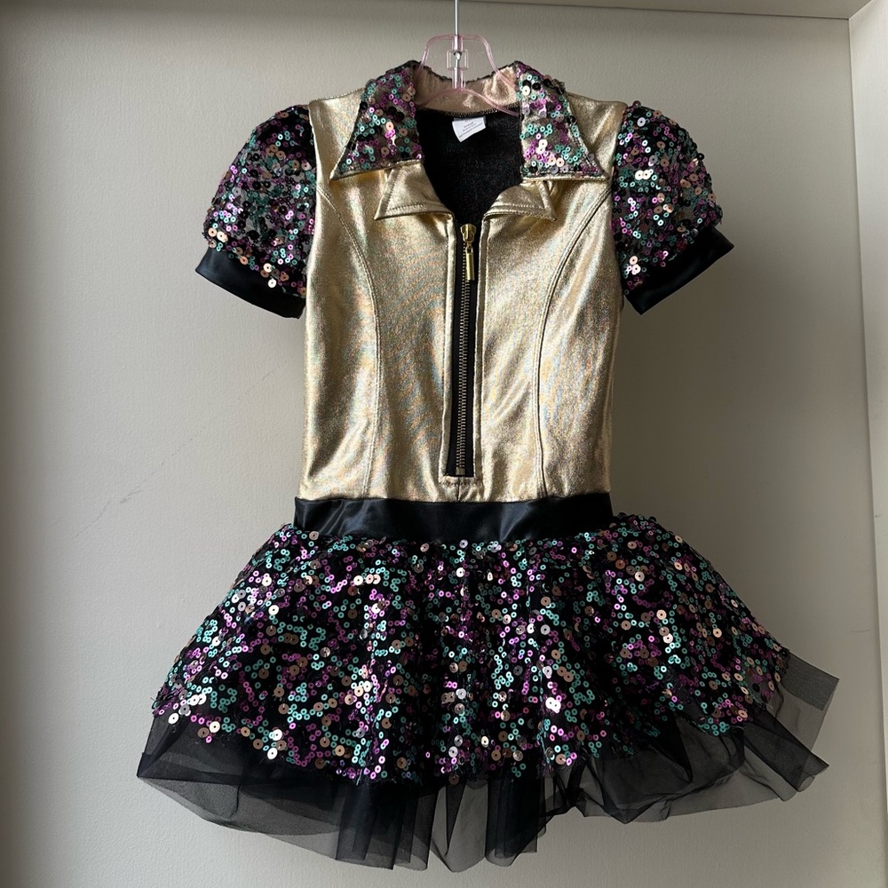 Awish Come True Puff Sleeve Sequins Dance Costume Dress, Size SC-6, Gold Multi